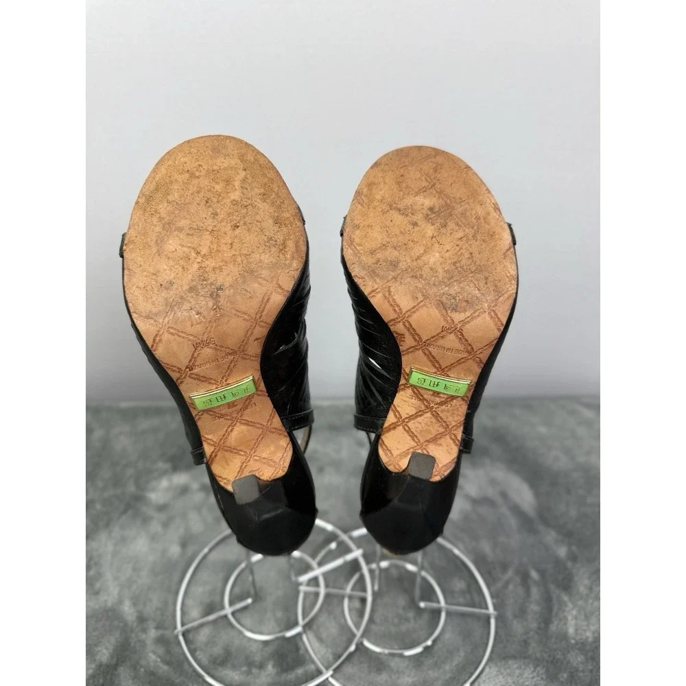 L.A.M.B. Gwen Stefani Black Leather Ankle Strappy‎ Caged Sandals High Heels 5.5